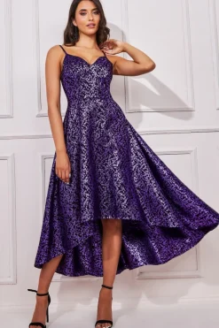 Women * Foil Jacquard Sleeveless High Low Midi