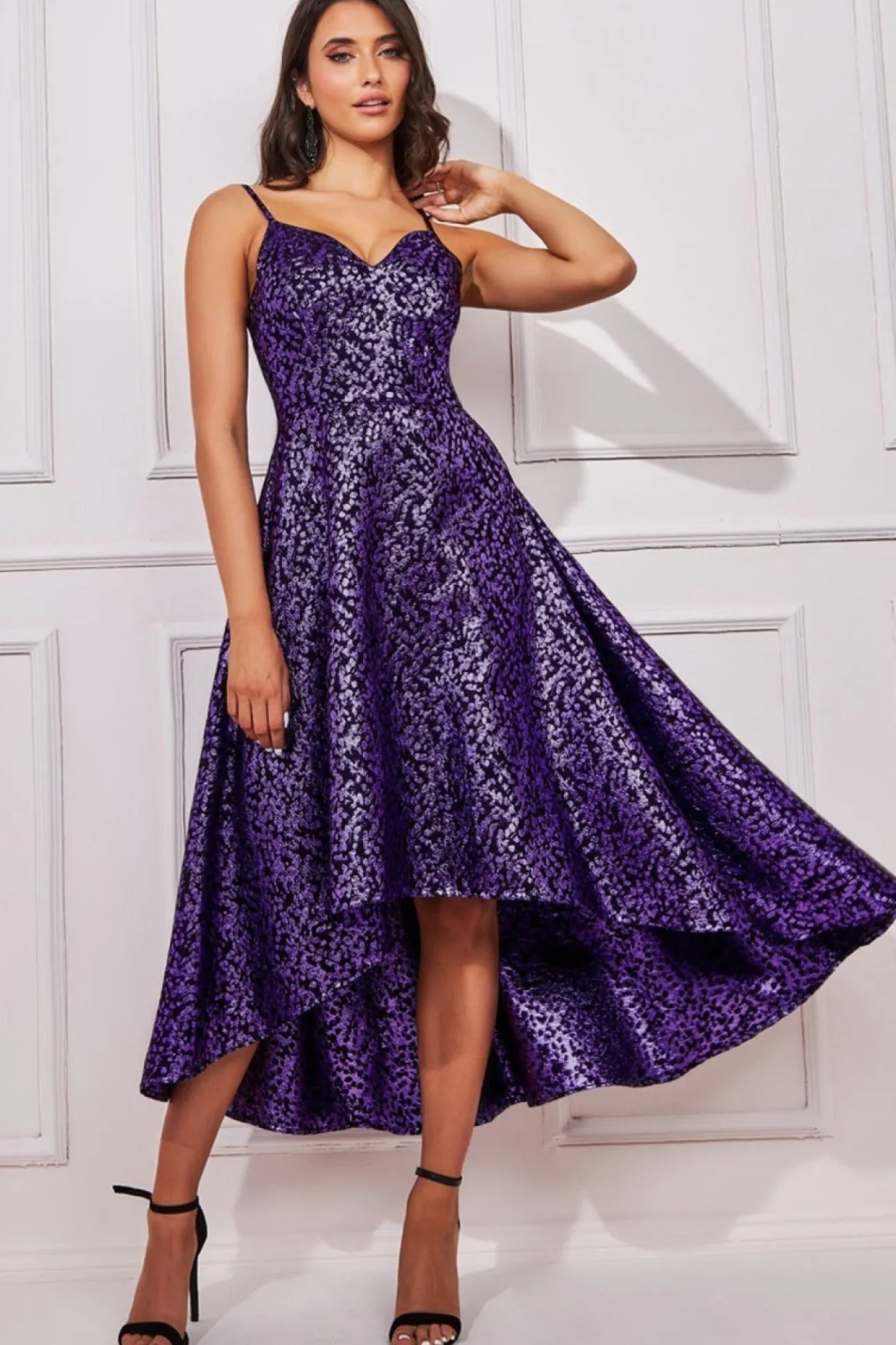 Women * Foil Jacquard Sleeveless High Low Midi