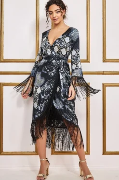 Women * Foil Print Wrap Midi With Tassels