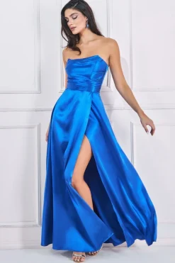 Women * Front Split Satin Bandeau Maxi - Royal Blue