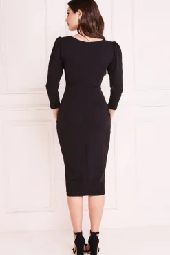 Women * Front Wrap Pleated Scuba Midi Dress