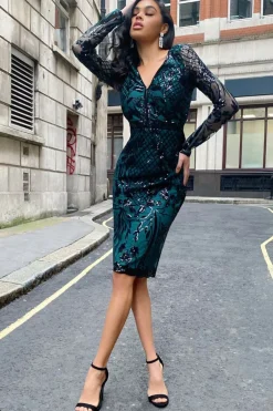 Women * Full Sleeve Sequin Midi Dress Green