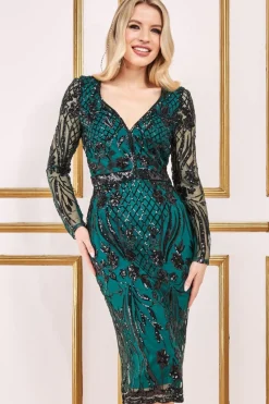 Women * Full Sleeve Sequin Midi Dress Green