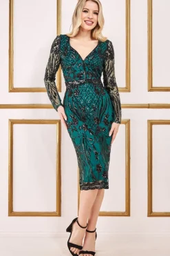 Women * Full Sleeve Sequin Midi Dress Green
