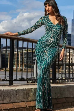 Women * Geo Sequin Long Sleeve Maxi Dress
