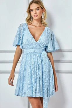 Women * Lace Kimono Wrap Skater Mini Dress - Powder Blue