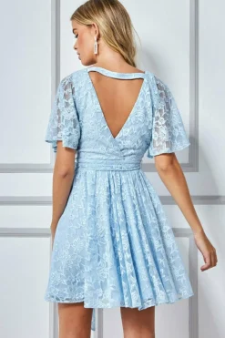 Women * Lace Kimono Wrap Skater Mini Dress - Powder Blue