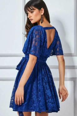 Women * Lace Kimono Wrap Skater Mini Dress - Royal Blue