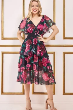 Women * Layered Floral Midi Flutter Sleeves