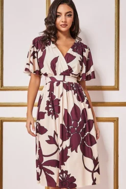 Women * Leaf Print Flutter Sleeve Midi