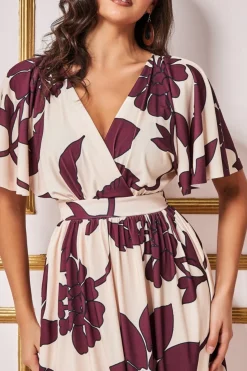 Women * Leaf Print Flutter Sleeve Midi