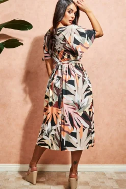 Women * Leaf Print Midi With Flutter Sleeves - Brown Print