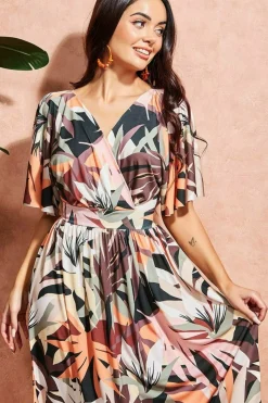 Women * Leaf Print Midi With Flutter Sleeves - Brown Print