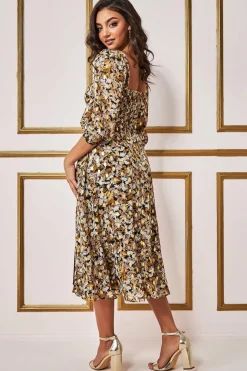 Women * Leaf Print Shirred Back Midi Dress - Leaf Print