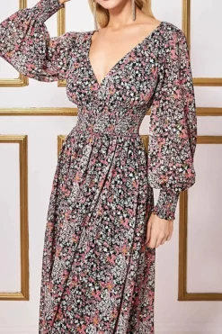Women * Long Sleeve Maxi Shirred Waistband - Floral Print
