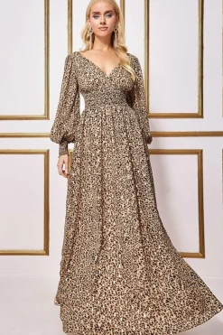 Women * Long Sleeve Maxi Shirred Waistband - Animal Print