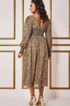 Women * Long Sleeve Midi Shirred Waistband - Animal Print