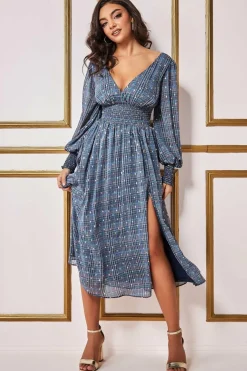 Women * Long Sleeve Midi Shirred Waistband - Check Print