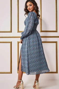Women * Long Sleeve Midi Shirred Waistband - Check Print
