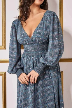 Women * Long Sleeve Midi Shirred Waistband - Check Print