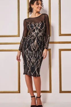 Women * Long Sleeve Sequin Flame Midi Dress