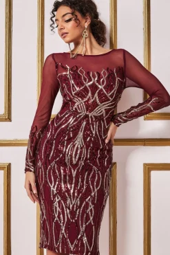 Women * Long Sleeve Sequin Flame Midi Dress