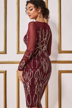 Women * Long Sleeve Sequin Flame Midi Dress