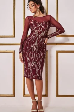 Women * Long Sleeve Sequin Flame Midi Dress