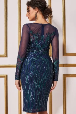 Women * Long Sleeve Sequin Flame Midi Dress