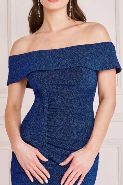 Women * Lurex Bardot Maxi With Waterfall Ruffle - Royal Blue