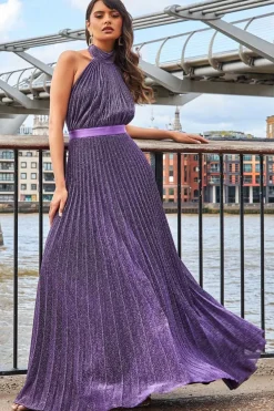 Women * Lurex Halterneck Pleated Maxi Dress