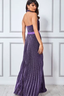 Women * Lurex Halterneck Pleated Maxi Dress