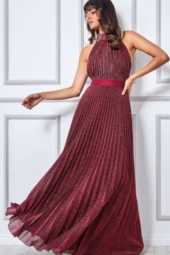 Women * Lurex Halterneck Pleated Maxi Dress