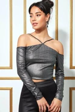 Women * Metallic Cut Out Crop Top