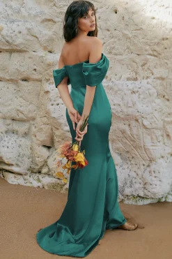 Women * Off Shoulder Satin Maxi With V Neck