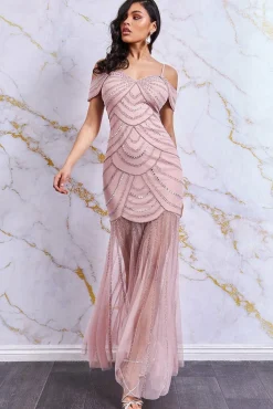 Women * Off The Shoulder Maxi Dress With Mesh Skirt - Blush