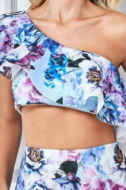 Women * One Shoulder Floral Crop Top - Light Blue