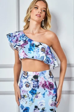 Women * One Shoulder Floral Crop Top - Light Blue