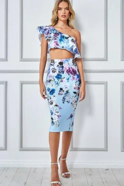 Women * One Shoulder Floral Crop Top - Light Blue