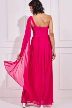Women * One Shoulder Pleated Chiffon Scarf Maxi - Hot Pink
