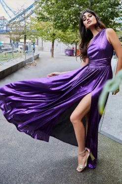 Women * One Shoulder Slinky Foil Flared Maxi Dress