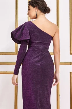 Women * One Sleeve Frill Lurex Midi Dress