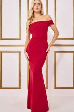 Women * Pleated Bardot Scuba Maxi Dress