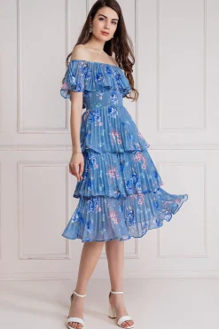 Women * Pleated Bodice Chiffon Tiered Midi Dress