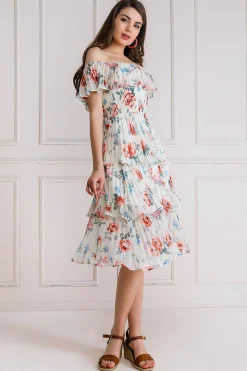 Women * Pleated Bodice Chiffon Tiered Midi Dress