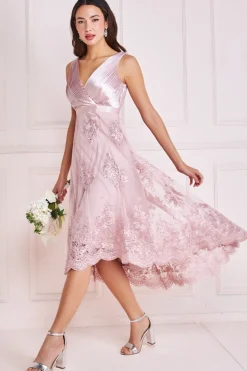 Women * Pleated Satin V Neck High And Low Midi