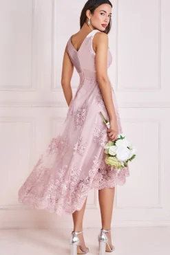 Women * Pleated Satin V Neck High And Low Midi