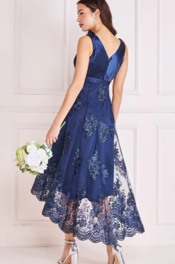 Women * Pleated Satin V Neck High And Low Midi