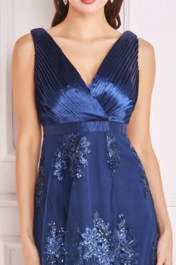 Women * Pleated Satin V Neck High And Low Midi