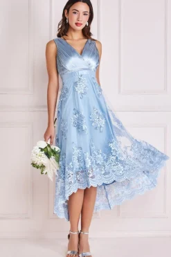 Women * Pleated Satin V Neck High And Low Midi